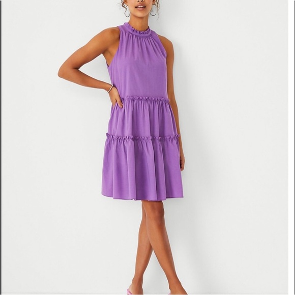 ANN TAYLOR A Line Trapeze Mini Dress Purple Lavender Tiered Ruffle Cotton Small - Picture 1 of 12
